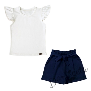 Летен комплект момиче от къси панталони в тъмносиньо и тениска в бяло 586744