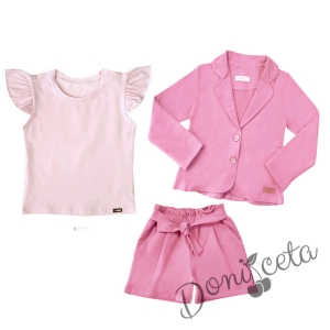 Детски комплект от къси панталони, сако в розово и тениска в розово