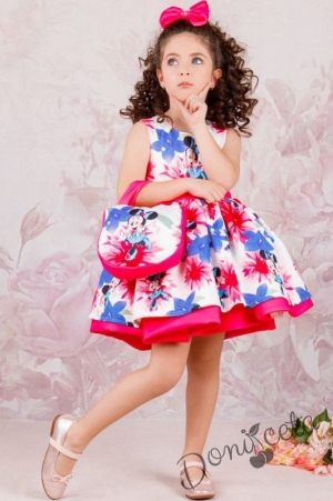 Детска официална рокля с къс ръкав с Мини Маус , чантичка и панделка за коса