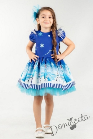 Детска официална рокля с къс ръкав с Елза в светлосиньо с панделка за коса