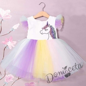 Детска рокля с къс ръкав с Пони/Еднорог в бяло с многоцветен тюл 946979