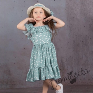 Ежедневна детска рокля с къс ръкав на цветя в тюркоаз с шапка