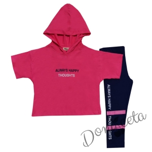Комплект за момиче от тениска с качулка в розово и клин в черно