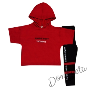 Комплект за момиче от тениска с качулка в червено и клин в черно