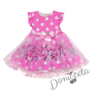 Ежедневна детска рокля с къс ръкав в розово на цветя с тюл 325641