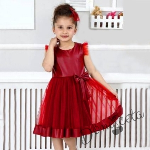 Детска рокля с къс ръкав в червено с тюл и панделка за коса