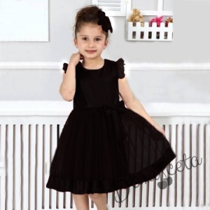 Детска рокля с къс ръкав в черно с тюл и панделка за коса