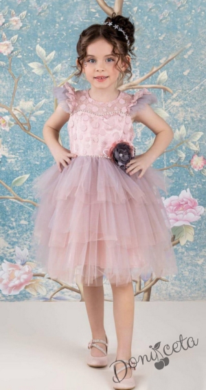 Детска рокля с къс ръкав в пепел от рози с тюл 7354643