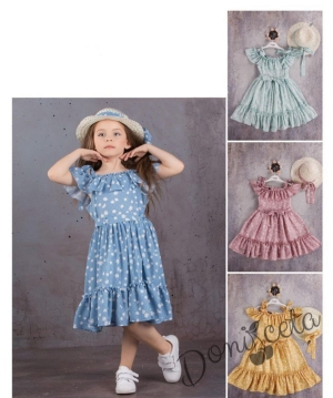 Ежедневна детска рокля с къс ръкав на цветя в тюркоаз с шапка