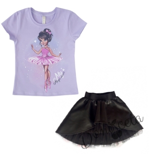 Комплект Дари от тениска в лилаво с балеринка и кожена пола в черно