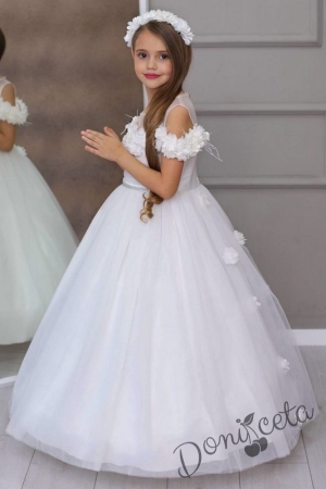 Официална дълга детска рокля с обръч в бяло с тюл и цветя