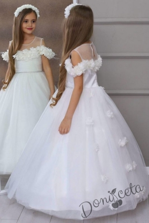 Официална дълга детска рокля с обръч в бяло с тюл и цветя
