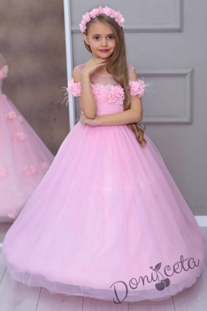 Официална дълга детска рокля с обръч Стефания в розово с тюл и цветя