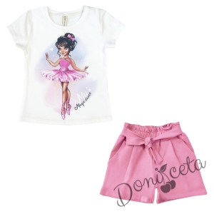 Летен комплект момиче от къси панталони в розово и тениска в бяло с балеринка