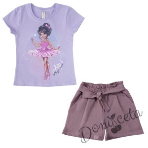 Летен комплект момиче от къси панталони и тениска в лилаво с балеринка