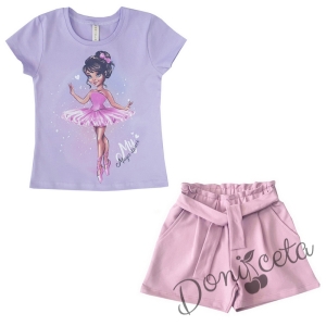 Летен комплект момиче от къси панталони в пудра и тениска в лилаво с балеринка