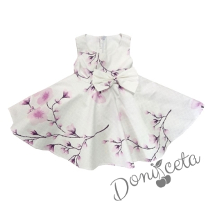Детска/бебешка рокля в бяло на нежни лилави цветя тип клош Рали