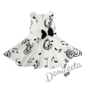 Официална детска/бебешка рокля в бяло с ноти в черно тип клош Симона 
