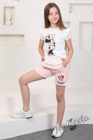 Комплект за момиче от тениска в бяло с Мини и къси панталонки в розово 4222874