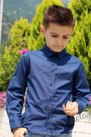 Детска риза за момче с дълъг ръкав в тъмносиньо на точки