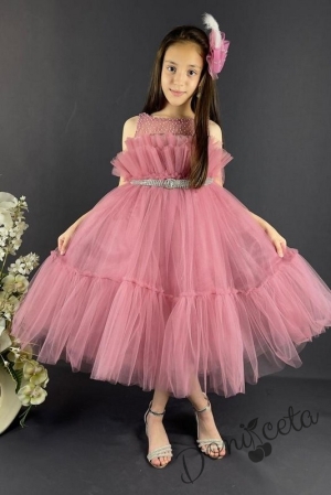 Официална детска рокля без ръкав с богат тюл в пепел от рози и панделка за коса