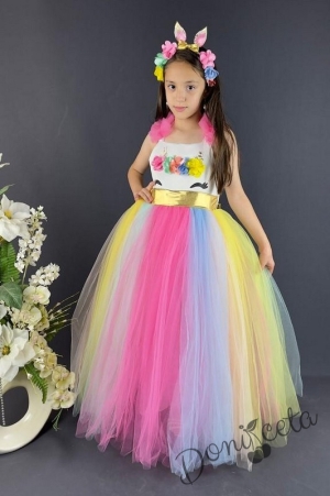 Дълга детска рокля с Пони/Еднорог с богат многоцветен тюл