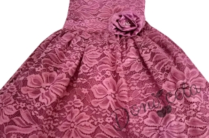 Официална детска рокля от дантела в пепел от рози с къс ръкав