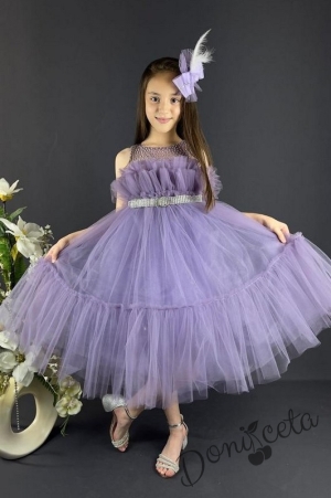 Официална детска рокля без ръкав с богат тюл в лилаво и панделка за коса