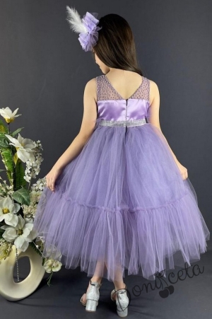 Официална детска рокля без ръкав с богат тюл в лилаво и панделка за коса Миналия