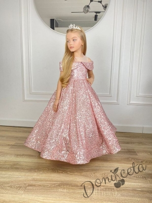 Официална дълга детска рокля в пепел от рози с пайети с коронка