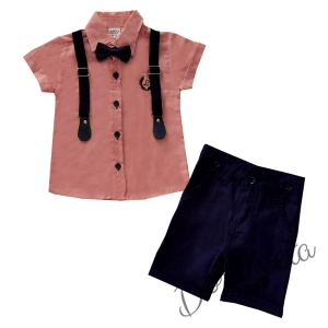 Комплект от риза в розово с къс ръкав, къси панталони, тиранти и папийонка 