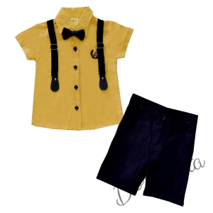 Комплект от риза в жълто с къс ръкав, къси панталони, тиранти и папийонка 