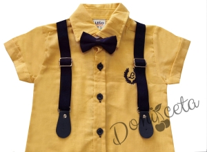 Комплект от риза в жълто с къс ръкав, къси панталони, тиранти и папийонка 2