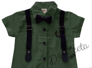 Комплект от риза в зелено с къс ръкав, къси панталони, тиранти и папийонка 2