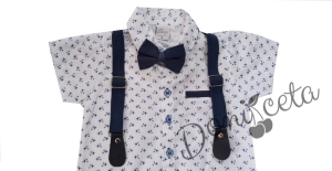 Комплект от бяла риза с къс ръкав, панталон в синьо, папийонка и тиранти2