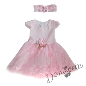 Официална детска рокля в розово без ръкав с тюл и лента за коса