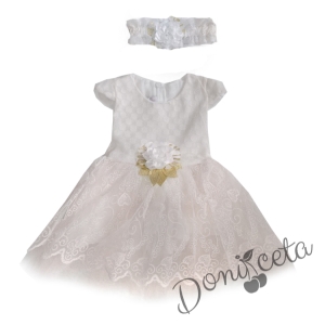 Официална детска рокля в бяло без ръкав с тюл и лента за коса
