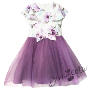 Детска рокля с къс ръкав на цветя и тюл в лилаво