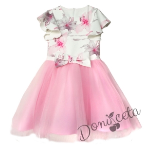 Детска рокля с къс ръкав на цветя и тюл в розово