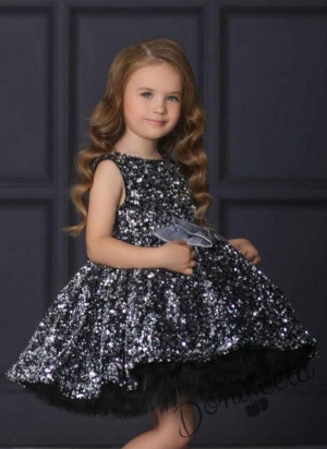Официална детска рокля в сиво и черно с пайети и тюл