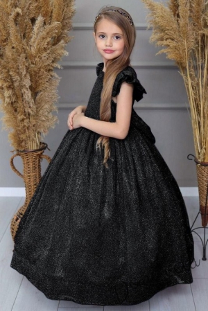 Официална дълга детска рокля в черно с блясък и обръч
