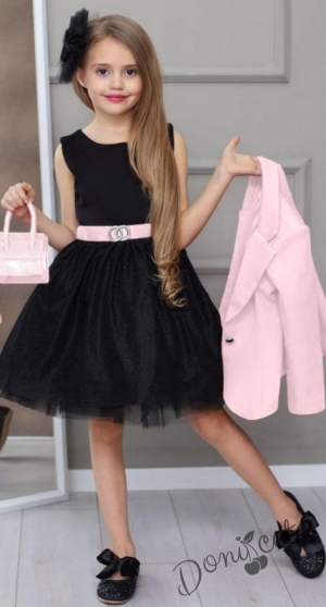 Официална детска рокля в черно с тюл и сако в розово