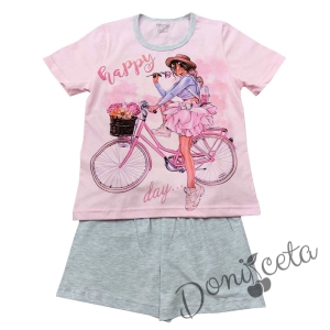 Детска пижама за момиче с къс ръкав в розово и сиво с момиче 