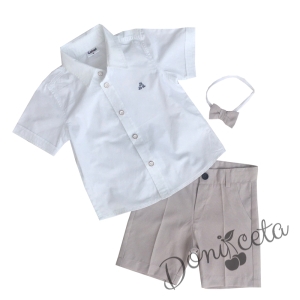 Детски комплект Contrast от риза в бяло, къси панталонки в бежово и папийонка