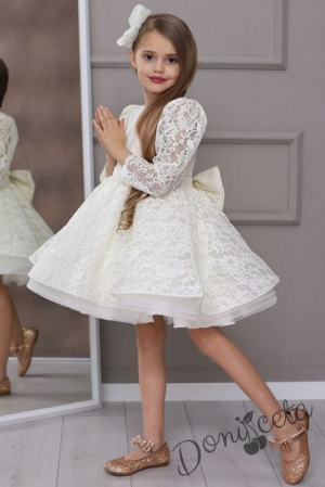 Официална детска рокля с дълъг ръкав в бяло от дантела