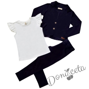 Комплект 3 части- клин-панталон, сако в тъмносиньо и блузка с къс ръкав в бяло