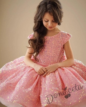 Официална детска рокля с къс ръкав в розово с пайети и тюл