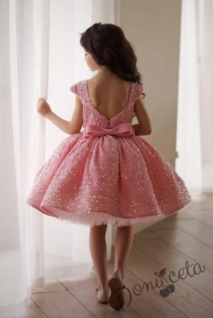 Официална детска рокля с къс ръкав в розово с пайети и тюл