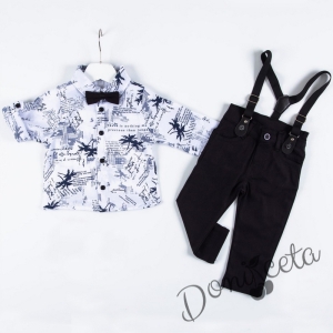 Комплект от панталон в черно, риза в бяло с палми, папийонка и тиранти 