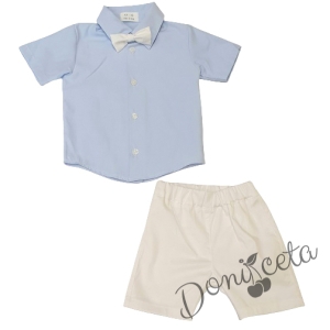Бебешки комплект от риза в светлосиньо и къси панталонки в бяло 8565535